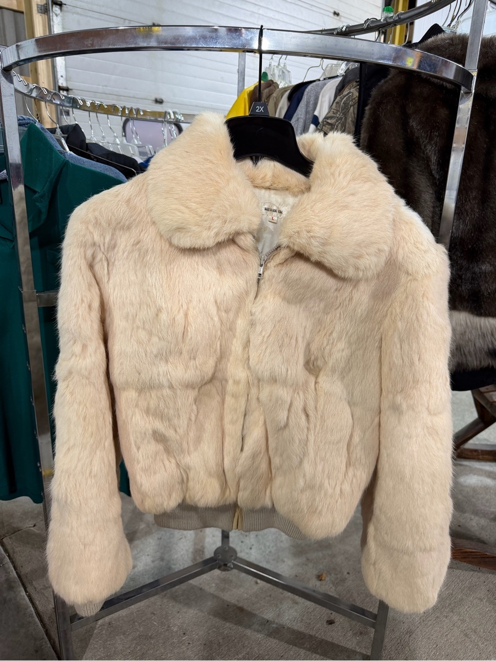 Cream Dyed Rabbit Fur Jacket Size Large Made in Hong Kong